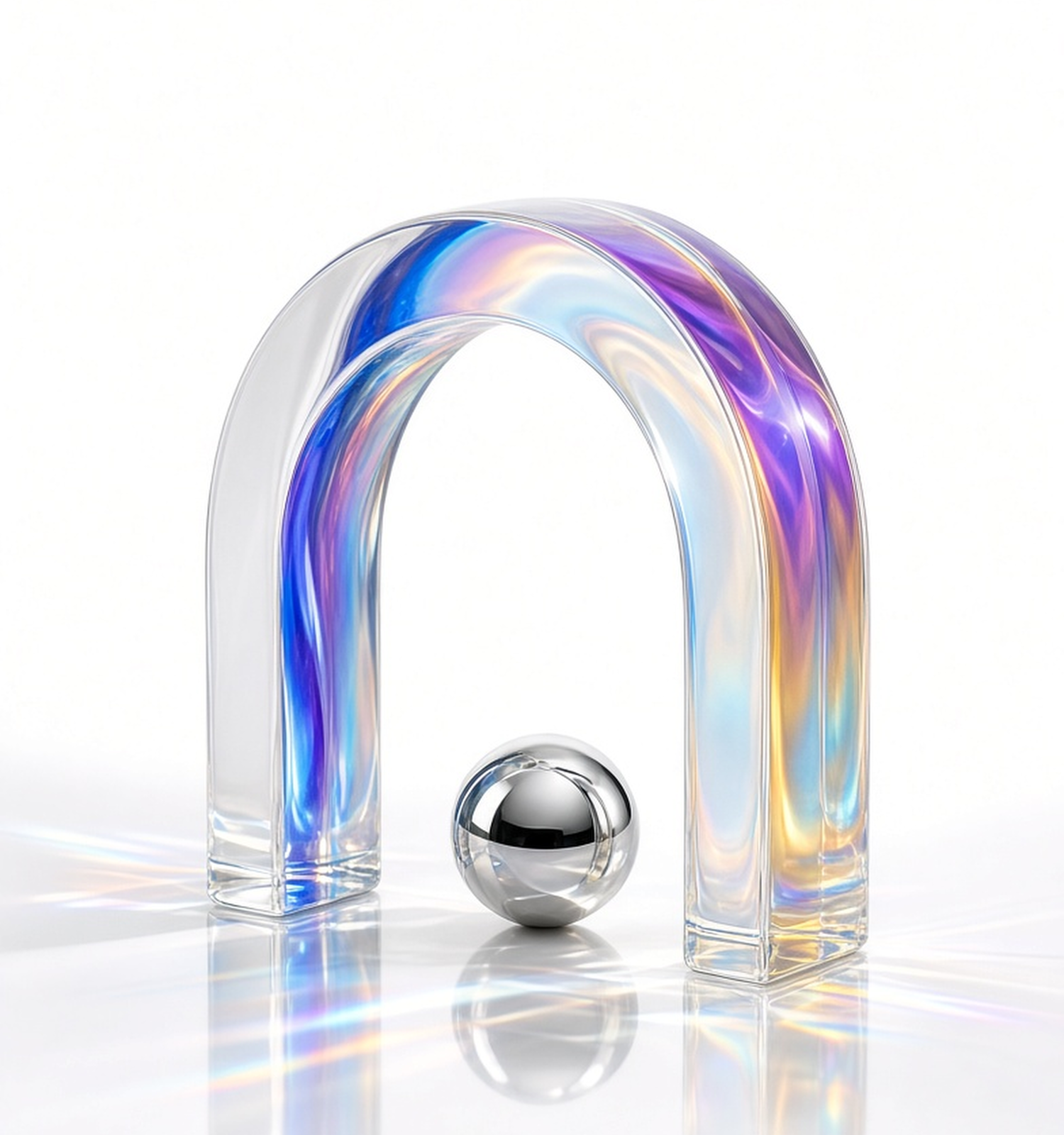 A glass arch with a pearl sphere passing beneath it