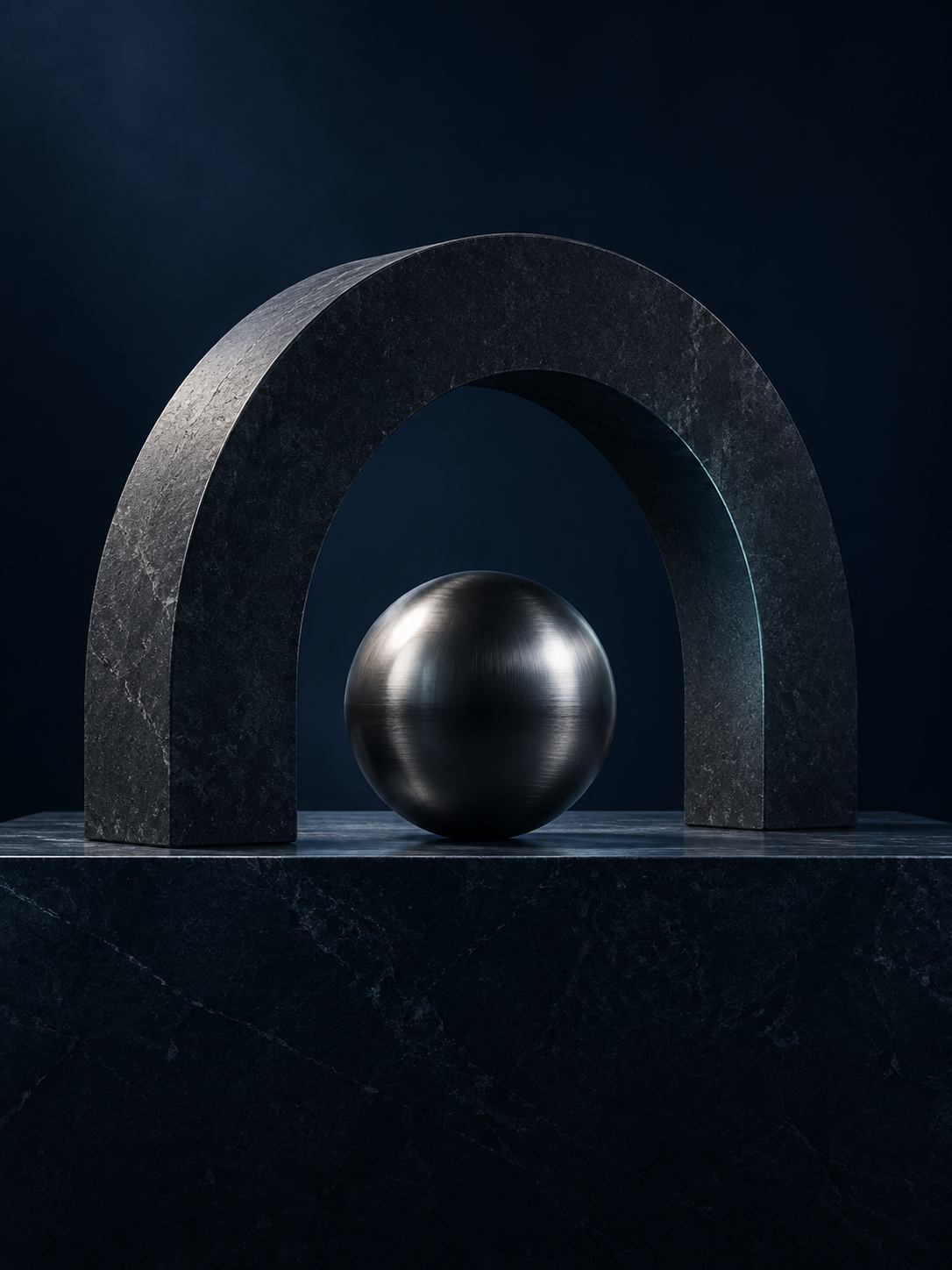Illustrative dark-stone arch with polished sphere